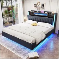Flieks Polsterbett, LED Schwebebett Doppelbett 140x200cm mit USB-Aufladen und Stauraum