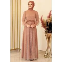 fashionshowcase Abendkleid silbriges Tüllkleid Abiye Abaya Hijab Kleid Maxikleid (SIMLI GAMZE) (ohne Hijab) Hoher Kragen, kein Ausschnitt.