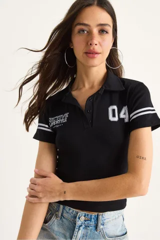 Bedrucktes Polo-Kragen Tailliertes Crop-Top T-Shirt