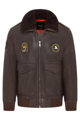 Herren-Bomberjacke aus braunem Leder mit Schaffellkragen G-1 – Linear