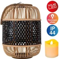 näve LED Dekolicht Korbinian, Tageslichtsensor, LED fest integriert, Warmweiß, Rattankorb natur/schwarz mit Griff inkl. Solarkerze mit Flammeneffekt