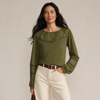 Flammgarn-Shirt mit Biesen-Verzierung, Damen,  Grün, Baumwolle, by Lands' End
