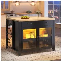 Flieks Kücheninsel mit Arbeitsplatte in Holzoptik Natur, LED-Beleuchtung und Glastüren, (mit verstellbaren Fußpolstern), Küchenschrank Küchenbuffet Stehtisch Bartisch Schwarz