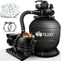 tillvex Sandfilteranlage 10 m³/h Filteranlage + 800g Filterbälle 7-Wege Ventil Poolfilter, Filterkessel mit Druckanzeige Sandfilter für Pool und Schwimmbecken