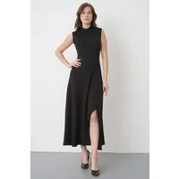 WOMAN VISION Midikleid Schwarzes Crepe Midi-Kleid mit Schlitz
