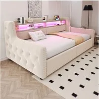 Celya Polsterbett Schlafsofa 90 x 200 cm, Mit hydraulischem Stauraum (ohne Matratze, Mit LED-Beleuchtung, Ablagefach, Steckdose und Ladeanschlus)