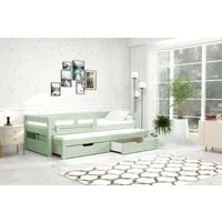 thematys Kinderbett mit Rausfallschutz und Ausziehbett und 2 Schubladen für Kinder (in 90x200cm + INKLUSIVE 2 Schaumstoffmatratzen, für Jungen und Mädchen, mit abnehmbaren Rausfallschutz), Kinderbett aus Kiefernholz