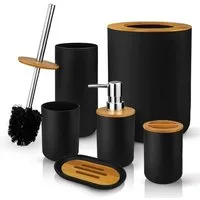 Refined Living Badaccessoire-Set 6St Badset Badezimmer zubehör Badaccessoires set seifenspender, Zahnbürstenhalter Mülleimer Spülbecher Seifenschale WC Bürste, 6 tlg., Badezimmer Utensilien Schwarz Matt Deko Modern für Zuhause Wohnung