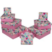 Out of the Blue Stapelbox Geschenkkarton Set mit 8 verschiedenen Größen in Rosa mit Dreiecken, mit abnehmbaren Deckel