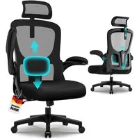 Hiazurm Bürostuhl Bürostuhl, Schreibtischstuhl mit 5D-Lendenwirbelstütze und Kopfstütze (Drehstuhl, Chefsessel Wippfunktion 90°-135°,90° Klappbare Armlehnen,leise Rolle,Bis 155 kg belastbar), Atmungsaktiv, Verlängerte und Verbreiterte Rückenlehne
