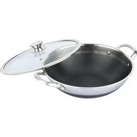 Cheffinger Wok Wok Pfanne Wokpfanne mit Glasdeckel Edelstahl Induktion Ø32cm, Material: Edelstahl, Glas (Wokpfanne mit Deckel)