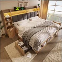 STILVORA Stauraumbett 180x200 mit Stauraum Holzbett Jugendbett mit LED und Nachttische (Doppelbett / Systembett, Holzoptik, mit LED & USB/Typ-C, inkl. Lattenrost, viel Stauraum), RGB-LED mit Fernbedienung, rollbare Nachttische, geräuscharm & stabil