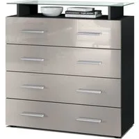 Vladon Kommode Pavos V2 (Kommode, mit 4 Schubladen und Glasablage), Schwarz matt/Sandgrau Hochglanz (76 x 81 x 35 cm)