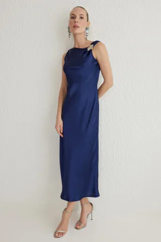 Damen-Midikleid in Marineblau, schlicht, mit Spaghettiträgern, elegant/figurbetont