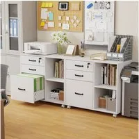 Sunsitt Aktenschrank Aktenschrank mit Räder (mit 3 Schubladen und 2 offenen Ablagen, 2-tlg Mobiler Druckertisch für A4, Legal, Letter) ideal für Büro, Arbeitzimmer, Wohnzimmer, Weiß