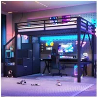Ulife Hochbett mit Staufächern, Kleiderschrank und LED-Beleuchtung Jugendbett Metallbett 140x200cm