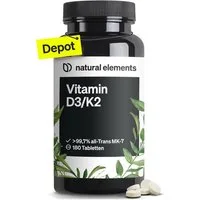 natural elements Vitamin D3 + K2 Depot – 180 Tabletten – Premium-Qualität Tabletten, 1 er hochdosiert, ohne Zusätze – laborgeprüfte Qualität à 180 St., 45 g, K2VITAL® von Kappa – 99,7+% All-Trans K2-MK7 + 5000 IE Vitamin D3