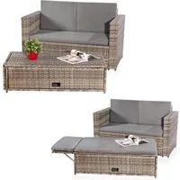Feel2Home Garten-Essgruppe Gartensofa Fußbank Lounge Polyrattan Outdoor Garnitur versch. Farben, (Set, Sofa & Ottomane), Kissen inkl. Reißverschluss daher abnehm- und waschbar