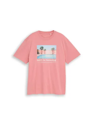 Denim Tom Tailor - Relaxed Fit T-Shirt mit Fotoprint light berry mauve - Gr. - XL