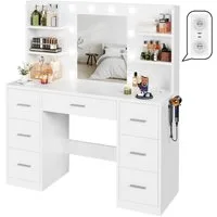 HOMALL Schminktisch Mit dreifarbiger LED-Beleuchtung, mit Spiegel, optional mit Hockern (Maße: 110 x 40 x 137 cm, mit 10 kugelförmigen Lampen, deren Helligkeit und Farbtemperatur einstellbar sind, sowie einer Schublade. Ausgestattet mit 1 USB-Anschlu