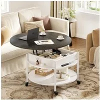 FABATO Couchtisch Runder Couchtisch mit Höhenverstellung, Rädern und Staufach (1-St), ideal für Wohnzimmer, in Weiß