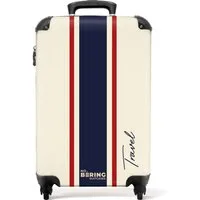 NoBoringSuitcases.com© Hartschalen-Trolley Cremefarbener Hintergrund mit zentralem dreifarbigen Streifen und Text, 4 Rollen, Reisetasche mit Rollen, Koffer Handgepäck Flugzeug