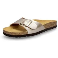 MIDS MONA Damen Pantolette gold, Einriemer mit Lederfußbett, Korksohle und verstellbarer Schnalle