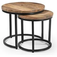 iAnanas Satztisch Satztisch rund aus Massivmangoholz Metallbeinen Industrial Wohnzimmer (Runder Sofatisch 2er Set Massivholz Beistelltische Industrial Design, 2-St., Satztisch-Set), 2er Couchtisch Set Rund Holz Beistelltische Modern Loft Design