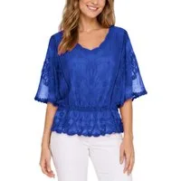 dy_mode Spitzenbluse Damen Sommerbluse mit Spitze Kurzarm Oberteil Einfarbig Transparent in Unifarbe, transparenten Ärmel