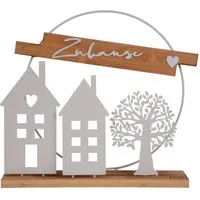 UNUS HOME Dekofigur Aufsteller Deko-Schild "Zuhause",Bambus und Metall (weiß), Aufsteller Zuhause aus Metall und Bambus-Holz Wohndekoration