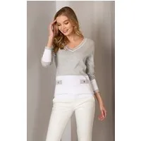 Passioni V-Ausschnitt-Pullover Grau Weißer Sommerpullover mit V-Ausschnitt