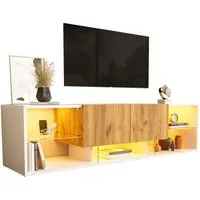Merax Lowboard mit LED-Beleuchtung (1 St), TV-Schrank Fernsehschrank mit Glasablage und 2 Schubladen, 160x40x42cm