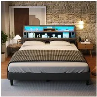 Flieks Polsterbett, LED-Beleuchtung Doppelbett mit Stauraum 140x200cm Leinen