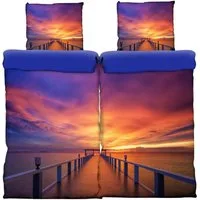 One Home Bettwäsche Steg, Mikrofaser, 4 teilig, Strand und Sonnenuntergang