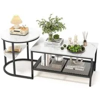 FUROKOY Couchtisch 2er-Satztisch Beistelltisch stapelbarer Sofatisch (Runder Tisch Oval,Marmoroptik,mit Ablagebode,Weiß-Schwarz), 80x46x41cm+52x52x51cm