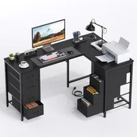 YOUDENOVA Schreibtisch Reversibler L-Form-Eckschreibtisch, Computertisch, Gamingtisch (1-St), mit 8 Stoffschubladen, Steckdosen & USB-Ladeanschlüssen
