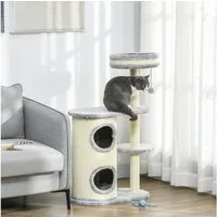 PawHut Kratzbaum 100 cm Kletterbaum mit Kratztonne, Bett, Kissen und Spielball, für Katzen bis 5 kg, Plüsch, Grau
