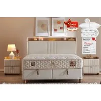BAMBI YATAK Boxspringbett mit Matratze & Stauraum, Bambi Cappadocia, Bett mit Bettkasten H3 (140x200 cm Bett, LED Beleuchtung mit USB & Type-C, Optionale Nachttisch), Bett mit 7-Zonen Taschenfederkernmatratze