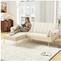 Merax Schlafsofa L-Form Klappsofa Samt Schlafsofa Ecksofa mit Schlaffunktion, 2–3 Sitzplätze, Metall-Rohrfüße 1 Teile, 3-Sitzer-Sofa mit verstellbarer Rückenlehne und Aufbewahrungstaschen
