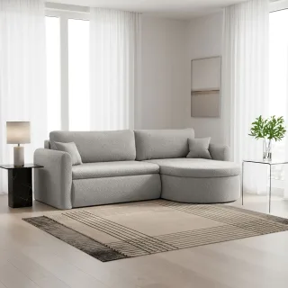 Ecksofa Schlafsofa FELIZ Stoff Quelle Hellgrau Ottomane Rechts