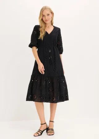 bonprix Midikleid aus reiner Baumwolle mit Lochstickerei, schwarz, Gr.38, mit V-Ausschnitt und Lochstickerei, aus 100% Baumwolle