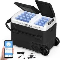 oyajia Elektrische Kühlbox Kompressor Kühlbox mit APP-Steuerung USB-Anschluss,Doppeltür Dualzonen, 55 l, Auto Kühlbox mit Rollen & Griff 12V/24V 100-240V Camping Kühlschrank