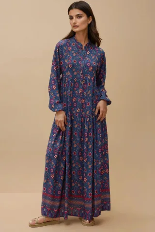 Bedrucktes V-Ausschnitt Maxikleid mit Knöpfen