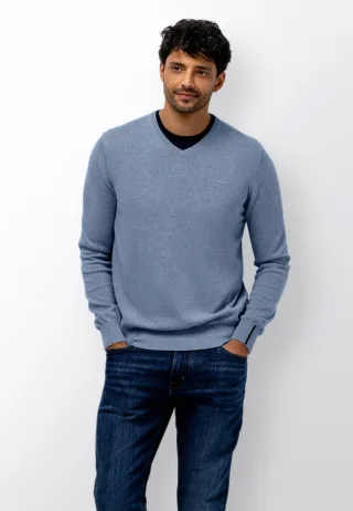 State of Art - Fein gestrickter Pullover mit V-Ausschnitt mittelblau uni - Gr. - XXL