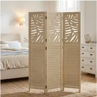 Homestyle4u Paravent Raumteiler Holz Beige Trennwand Sichtschutz Blattmuster Indoor Motiv (3-teilig), 3-teilig, faltbar