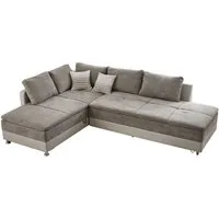luma-home Ecksofa 15102, Dauerschläfer-Doppelbett B306/T223/H95 cm, Bettkasten, Regal, Boxspring, Federkern, Wellenunterfederung, Topper, Schwenkteil rechts, Mikrofaser Graubraun/Kunstleder Beige