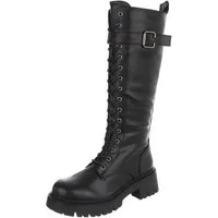 Ital-Design Damen Schnürstiefel Combat-Style mit Schnalle Plateaustiefel (92078851) Blockabsatz Stiefel in Schwarz