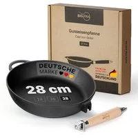 BIG-PAN Schmorpfanne Premium Gusseisenpfanne 28 cm tief Induktion mit abnehmbarem Holzgriff, Gusseisen (Pfanne Gußeisenpfanne Eisenpfanne, Cast Iron Pan), Induktion backofenfest UNBESCHICHTET