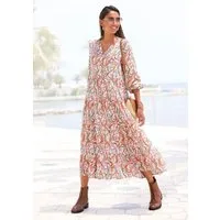 LASCANA Maxikleid mit Alloverprint und V-Ausschnitt aus Viskose, locker bequemer Look Langärmliges Webkleid, Sommerkleid, lockeres Kaftankleid, Druckkleid
