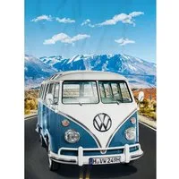 BERONAGE Tagesdecke Volkswagen Decke VW Bulli T1 Adventure Blau 150x200 cm Kuscheldecke, passend zur Bettwäsche, ideal für Sofa, Couch, Bett, Auto, Camping